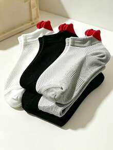 3 pares de calcetines cortos invisibles para mujer con tacón de corazón en negro, blanco, gris y rojo, de malla transpirable, finos y antideslizantes para verano, calcetines deportivos básicos blancos populares con volantes, adecuados para campus, gimnasio, boda, uso diario y regalo de Navidad - Multicolor - Ver 2