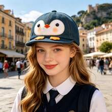 Teen Boys Girls Denim Baseball Caps Cute Penguin Patches Trucker Hats - 藍色 - 查看 4