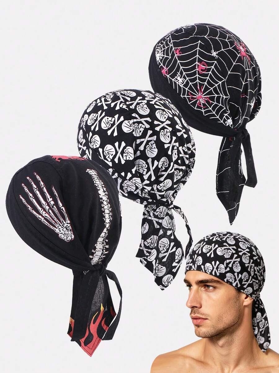 3pcs Men's Flame Pirate Bandana Headwrap Cycling Hat Suitable For Daily Use - Spider Web/skull/skull Hand - View 1