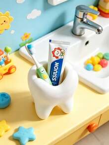 1pc Cute White Tooth-Shaped Kids Bathroom Toothbrush Holder Toothpaste Storage Organizer - White - View 2