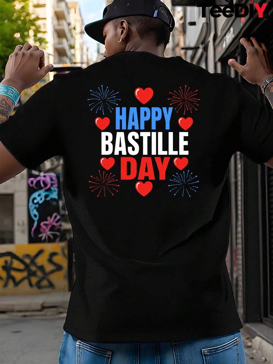 Vintage T-Shirt With Fireworks And Bastille Day Print, Men's T-Shirts, Casual Short-Sleeved T-Shirt For Summer - Black - View 1