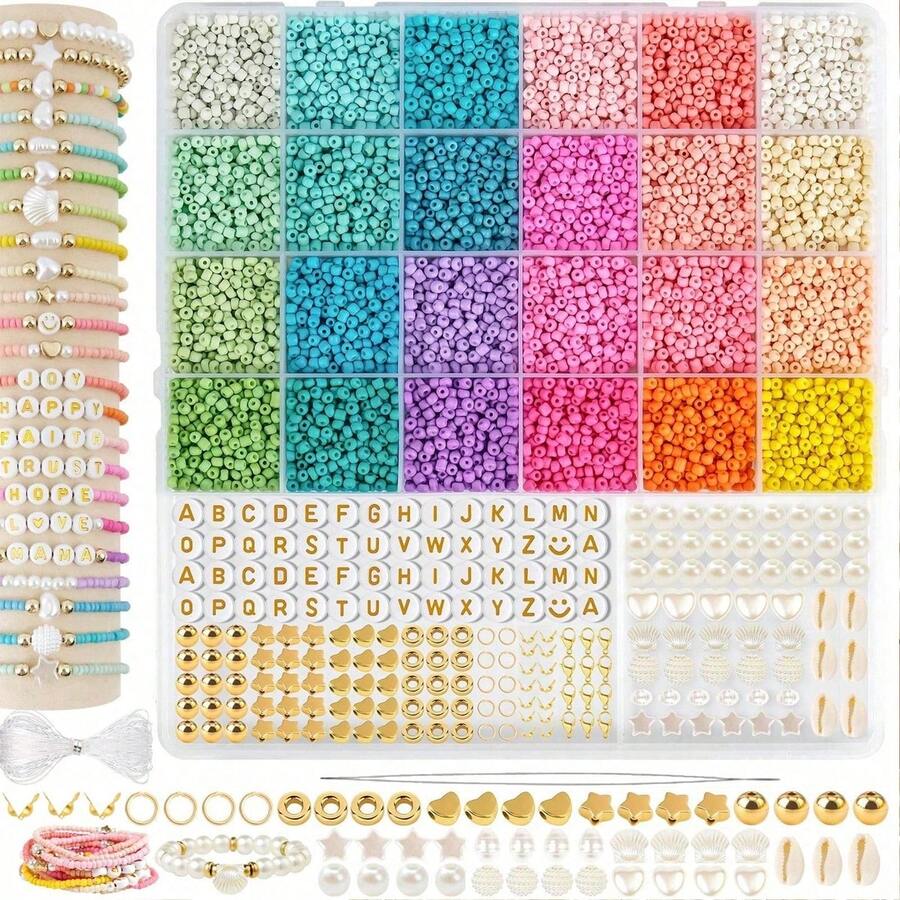 Multi Color 3mm Mini Seed Bead Bracelet Making Supplies Set Complete With A-Z Letter Beads, Heart Star Shell Pendants, Jump Rings For Handmade Friendship Bracelets - Multicolor - View 1