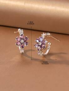 1 Pair Gentle Vintage Style Gold & Silver Dual-Tone Rhinestone Gradient Purple Crystal Flower C-Shaped Stud Earrings, Suitable For Women's Daily, Date And Commute Wear - Type C - View 8