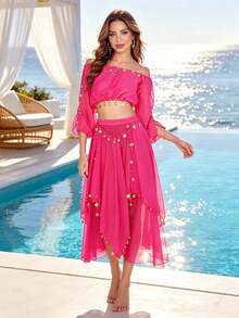 Professional Belly Dance Cold Shoulder Puff Sleeve Coin Crop Top, Elastic High Waist Asymmetrical Chiffon Skirt With Dangling Coins For Dance Training, Stage Shows And Competitions - Multicolor - View 3