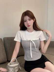 女款蝴蝶結 2 合 1 方領短袖 T 恤，夏季性感辣妹風短版魚骨上衣，獨特吸睛白色 - 白色 - 查看 5