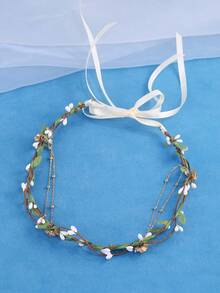 KOVLYNE 1 pièce Serre-tête de mariée bohème avec vigne fleurie, couronne florale avec chaîne dorée et perles avec nœud en ruban, accessoire de cheveux romantique pour mariage & festival pour femmes - Vert - Voir 5