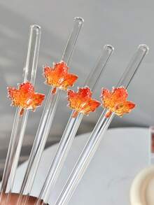 4/7PCS Maple Leaf Decor Curved Glass Straw, Chic Autumn Table Accent For Women's Gifting, Compatible With Afternoon Tea, Bubble Tea And Fruit Juice For Thanksgiving Family Reunion Layouts. - View 3