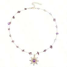 Purple Crystal Sun Necklace For Women Boho Gold Plated Sun Pendant Hippie Crystal Choker Necklace Stone Jewelry Christmas Accessories Gift For Women - As Pic - View 9