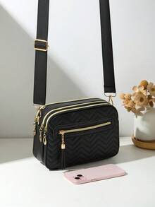 Bolso de hombro cruzado acolchado multicapa de moda para mujeres - Negro - Ver 5