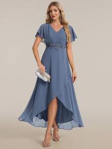 EVERPRETTY Elegante vestido de novia de la madre con escote en V y busto fruncido en color azul empolvado, vestido formal para invitada de boda de jardín, cena y ocasión - Neblina azul - Ver 2