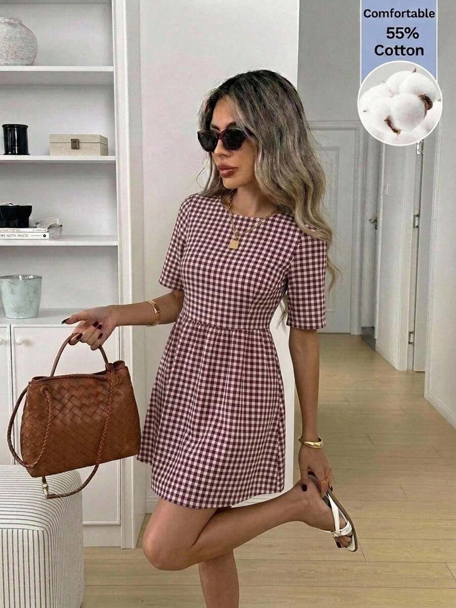 Abito corto casual da donna a quadri con pieghe, adatto per feste e viaggi - marciume profondo - Visualizzare 1