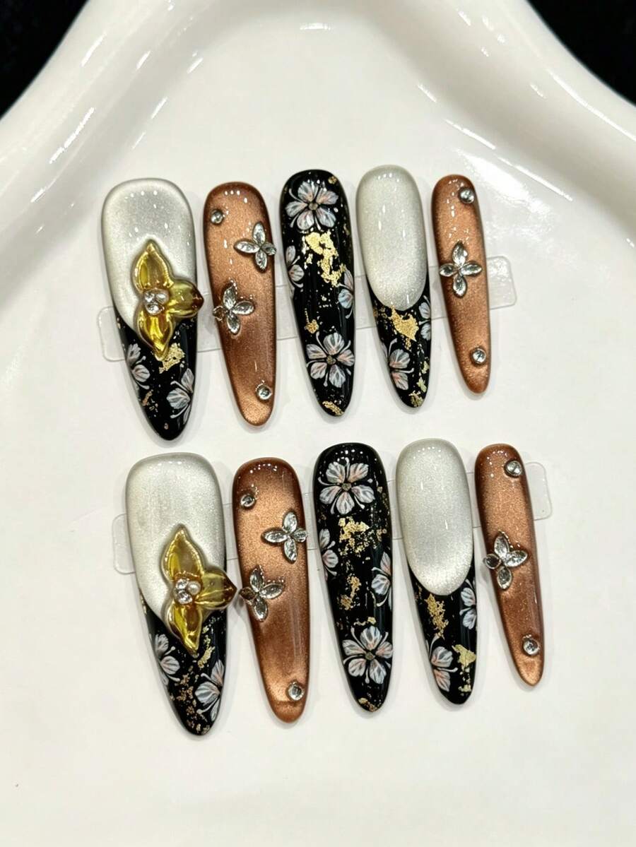 10PCS Long Stiletto Handmade Press On Nails For Party And Daily Wear,Purple Nails,Smile Cat Eye French Moonlight Purple Glow Stacked Rhinestone Press On Nails,Easy To Wear,Summer Nails,Suitable For Girls And Women Festivals Parties And Daily Wear