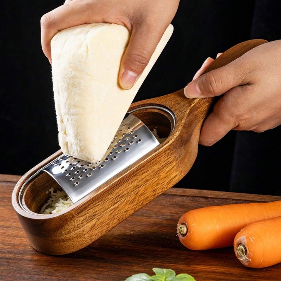 1pc Stainless Steel Cheese Grater With Acacia Wood Storage Box, Cheese Tool, Grater, Slicer