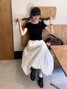 Spring/Summer White Casual Girl Style Textured Bud Mid-Length A-Line Skirt Versatile Daily Wear - White - View 5