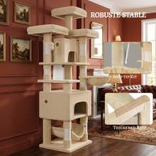 HaluPeit Short Furry Cat Climbing Frame With Sturdy Design, Including 8 Natural Sisal Columns, Double Cat House+Suspended Hammock, Suitable For All Cat Breeds And Multi Cat Households - Beige - View 3