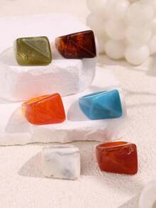 6pcs/Set Colorful Versatile Personalized Fashion Geometric Minimalist Wide Exaggerated Resin Rings Set For Women Daily Wear Holiday Party Jewelry - Multicolor - View 4