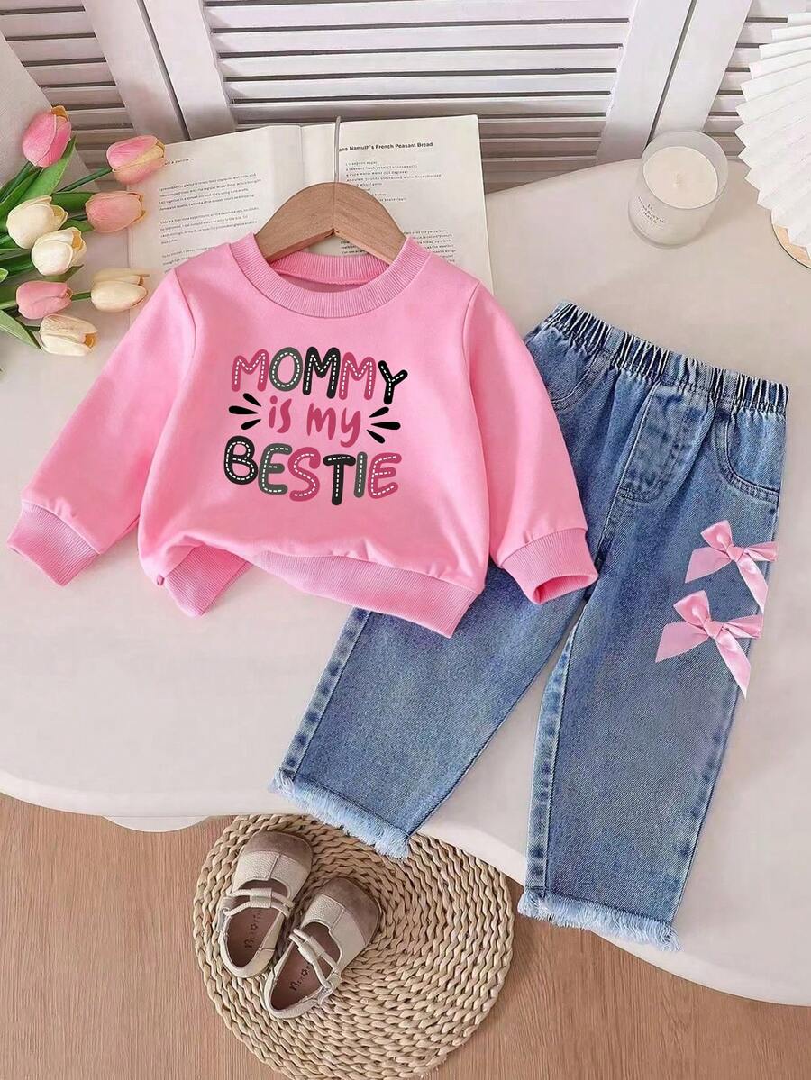Baby Girl Cartoon Print Crew Neck Long Sleeve Sweatshirt And Denim Jeans - Pink - View 1