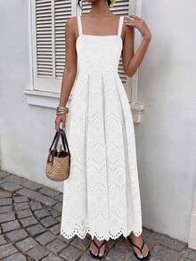 Womens Sleeveless Maxi Summer Dresses  Hollow Out Eyelet Square Neck Ruffle Flowy Beach Vacation Sundress - 白色 - 查看 5