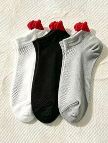 3 pares de calcetines cortos invisibles para mujer con tacón de corazón en negro, blanco, gris y rojo, de malla transpirable, finos y antideslizantes para verano, calcetines deportivos básicos blancos populares con volantes, adecuados para campus, gimnasio, boda, uso diario y regalo de Navidad - Multicolor - Ver 3