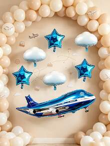 7pcs Large Blue Airplane White Cloud Foil Balloons, Suitable For Birthday Party, Adventure Theme Party Decoration, Home Decor Toy Balloons Airplane Random Style - View 3