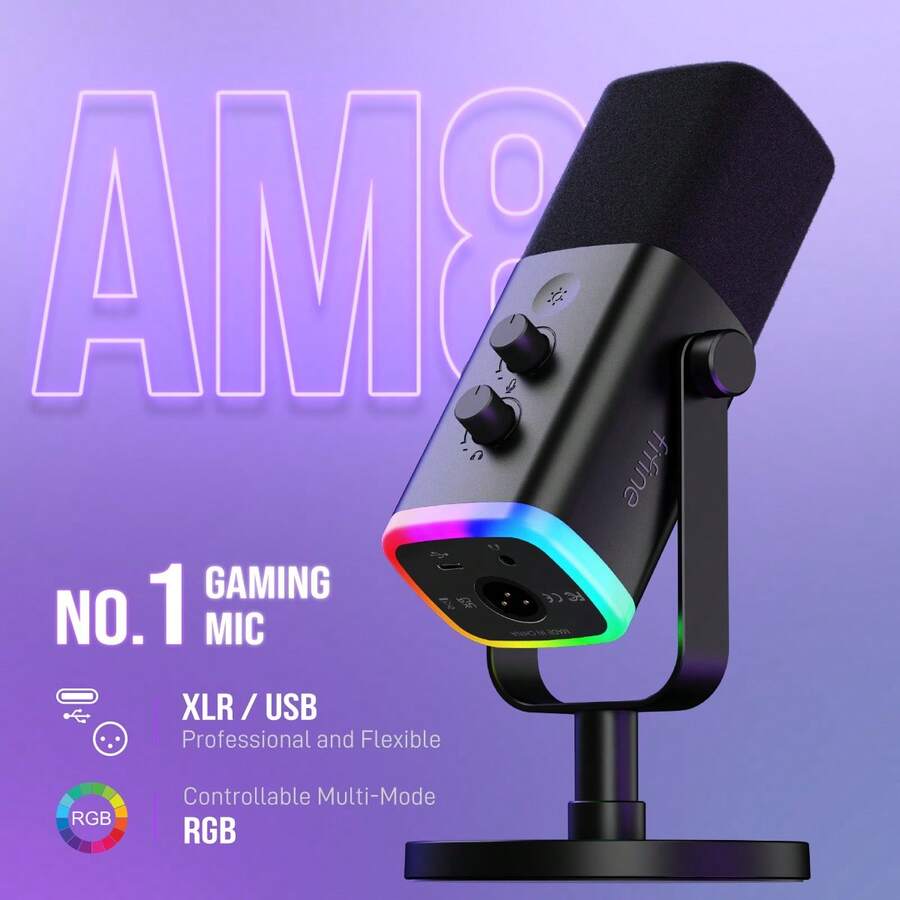 USB/XLR Dynamic Microphone Suitable For Podcasting, PC/Computer Gaming Live Streaming, With RGB Lighting, Mute Button, Headphone Jack, Desktop Stand, Professional Singing Microphone - FIFINE AM8 (Global Version)