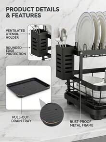 Multifunctional Two-Tier Kitchen Sink Dish Drainer Organizer Rack, Stainless Steel Divided Storage System With Independent Slots For Cutlery, Knives, Plates & Cutting Boards, Space-Saving Large Capacity Modular Countertop Kitchen Storage - Black - View 6