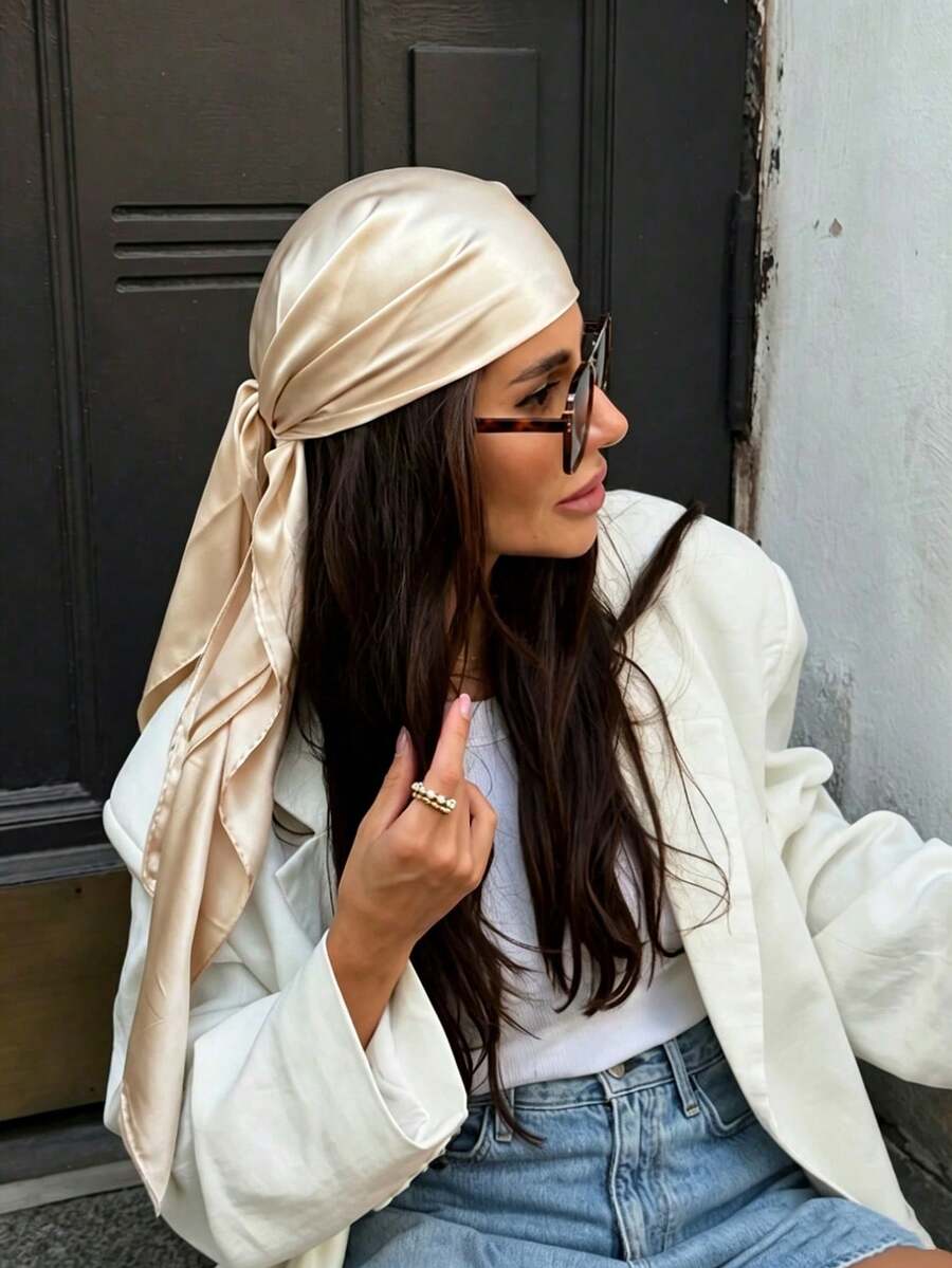1PC Women's Fashion Solid Color 90*90 Square Scarf, Minimalist Versatile Headscarf, Solid Color Simple Design, Breathable And Not Stuffy, Unique But Not Flashy, Casual And Versatile, Travel Styling Essential, Suitable For All Seasons Bandana - Beige - View 1