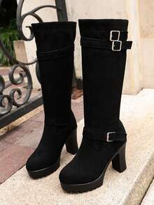 Women Knee High Boots Pull On Buckle Strap Block Heel Round Toe - Black - View 5