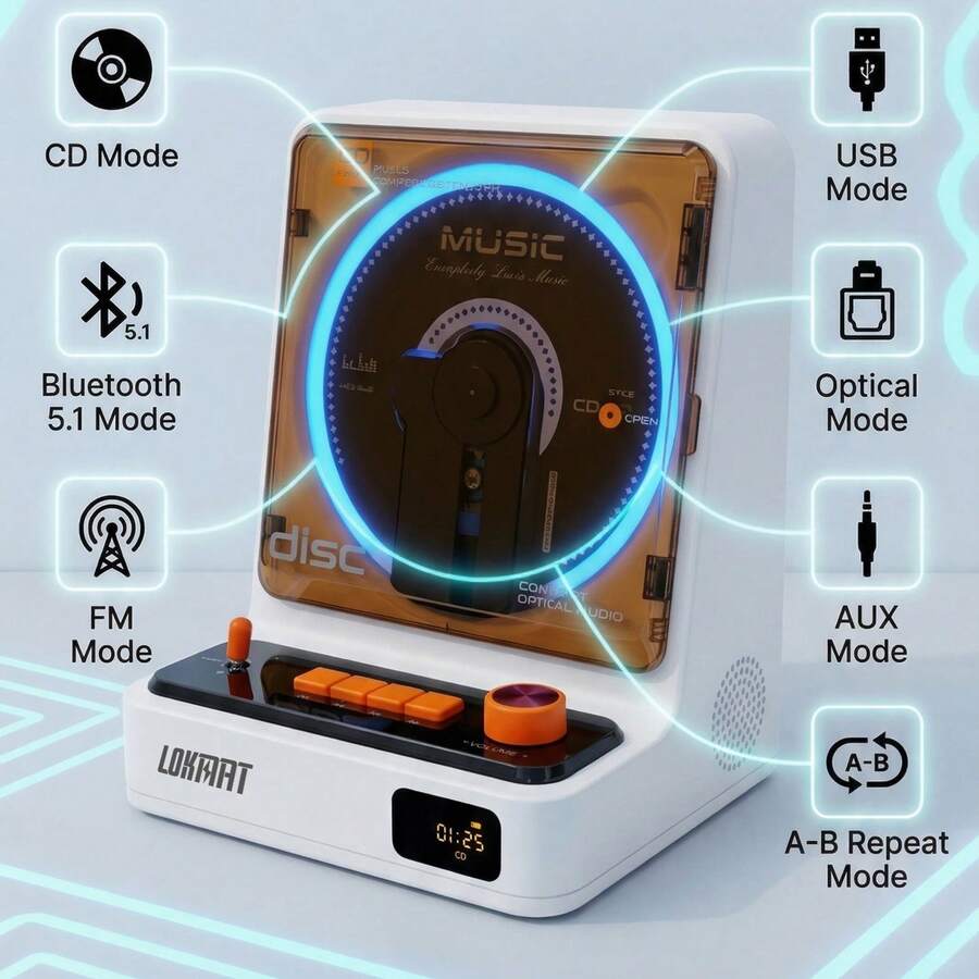 LOKMAT Portable CD Player, Bluetooth 5.3, Home CD Player, With HiFi Speakers, Rechargeable 5200mAh Battery, Micro SD/AUX Interface, Desktop CD Player, 6 Light Modes.