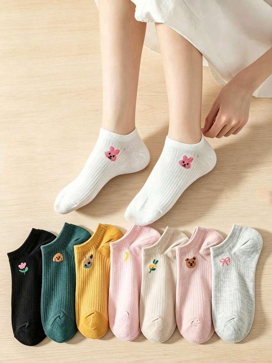 5雙女款可愛刺繡船襪,棉質羅紋低筒透氣,居家、通勤與日常穿著皆適用,隨機配色 - 彩色 - 查看 1