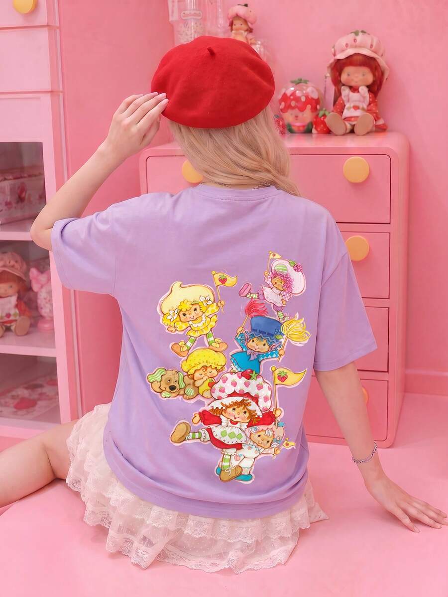 SHEIN X Strawberry Shortcake Women's Summer T-Shirt, Cute "With All My Heart" Print Loose Casual T-Shirt, Suitable For Daily Sweet Girl Style - Mauve Purple - View 1