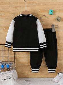 Baby Boy Cartoon Print Baseball Collar Warm Sweatshirt And Pants Set - Black - View 3