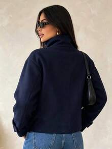 Women's Navy Blue Short Coat, Funnel Neck, Double-Button Design, Woven Fabric, Suitable For Winter Wear - Navy Blue - View 6