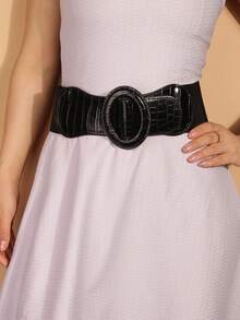 Women Black Crocodile Embossed PU Wide Elastic Waist Belt, Retro Oval Wrap Buckle Stretch Waist Cincher Decorative Waistband For Dress Coat - Crocodile-print Elastic Waistband - View 3