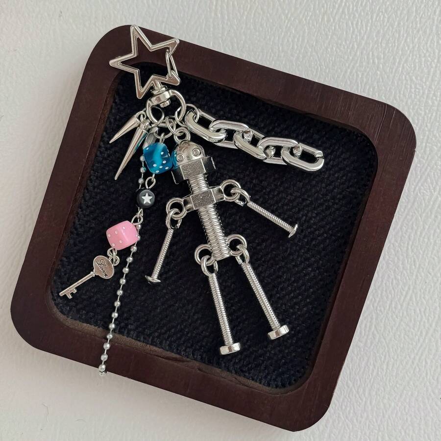 JRESSIAL Y2K Millennium Style Screw Man Keychain Cyberpunk Dice Mechanical Metal Pendant Niche Backpack Charm,Star Bag Charm - Multicolor - View 1