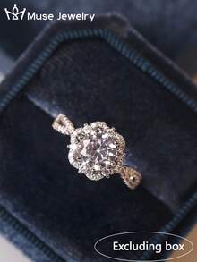 1 pieza Anillo elegante de alta gama con diseño floral, adornado con circonita cúbica y strass, para mujer, adecuado para compromiso, boda, banquete, fiesta, uso diario, regalo del Día de San Valentín - Plateado - Ver 1