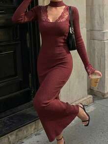 Gaun Rajut Bergaris Vertikal Warna Polos untuk Wanita, Gaun Maxi Lengan Panjang Bodycon Slim Fit Leher Semi Tinggi, Garis Leher Berongga Renda dengan Detail Rantai, Desain Patchwork, Cocok untuk Pakaian Kasual Sehari-hari, Bepergian, dan Aktivitas Luar Ruangan - Burgundy - View 7