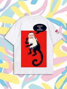 SHEIN X FRIENDS White Double-Sided Friends Oversized Tee, Back Red Background Marcel The Monkey Cartoon Print Loose Casual Top Summer - White - View 4