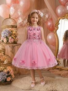 Vestido de niña de unicolor con malla & satén, flores 3D y mangas abullonadas, elegante vestido para fiesta de cumpleaños, adecuado para baile de graduación, diadema no incluida - Rosa - Ver 3