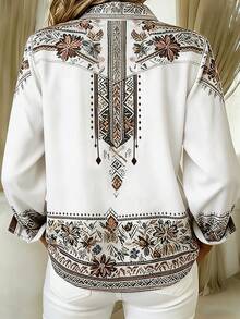 Casual Fashion Floral Print Women's Plus Size Lightweight Long Sleeve Button-Up Shirt White - White - View 3