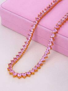 Pink Heart-Shaped Zirconia Tennis Jewelry, Sparkling Heart-Shaped Crystal Necklace, Bracelet And Earrings, Luxury Women's Necklace Jewelry, Gentle Elegant Valentine's Day Gift Jewelry, Suitable For Couples To Wear, Elegant Gift Set For Party Dress-Up - Pink Heart-shaped  Jewelry - View 10