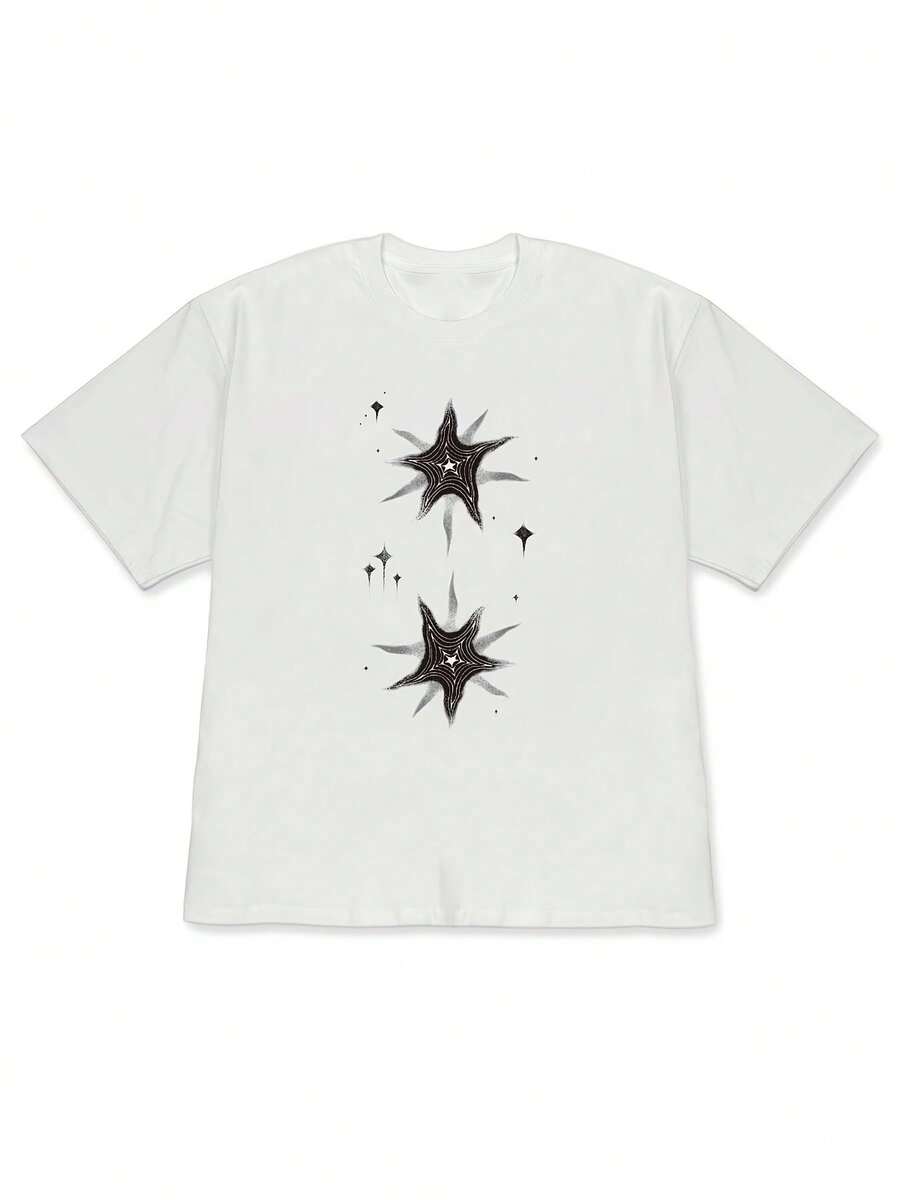 Unisex Loose Fit T Shirt - Star-Printed Short-Sleeve Top,Loose Fit Street Style,Suitable For Everyday Wear In Spring And Summer. - 白色 - 查看 1