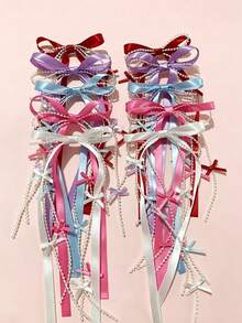 1/2pcs Ballet Style Long Ribbon Bow Hair Clips, Sweet Alligator Hair Clips, Princess Twin Ponytail Tassel Hair Accessories - Multicolor - View 5