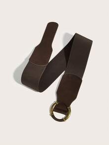 1pc Women's Basic Vintage Square Buckle Coffee Suede Elastic Waist Belt Suitable For Dresses - Coffee - View 5
