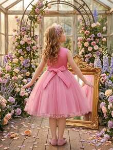 Vestido de niña de unicolor con malla & satén, flores 3D y mangas abullonadas, elegante vestido para fiesta de cumpleaños, adecuado para baile de graduación, diadema no incluida - Rosa - Ver 6