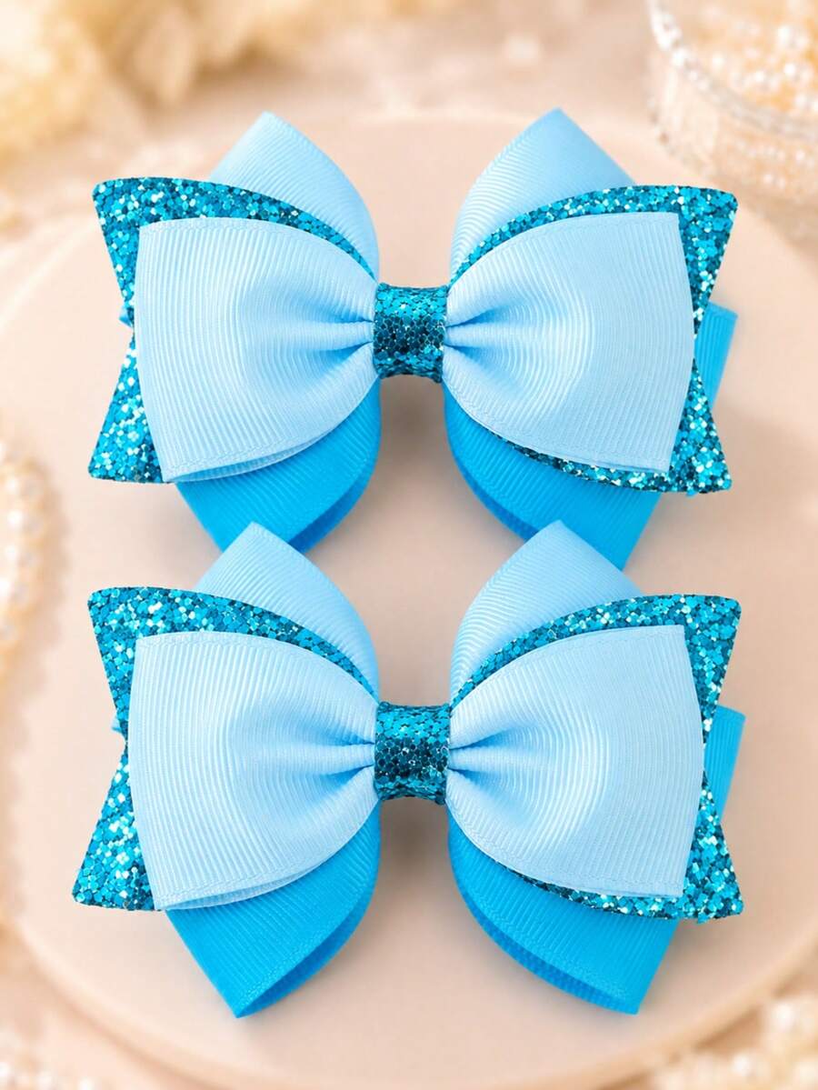 2pcs Girls Blue Bow Hair Clips Shiny Sequin Hair Clips Crocodile Clips Fashion Hair Accessories For Daily Wear - Multicolor - View 1