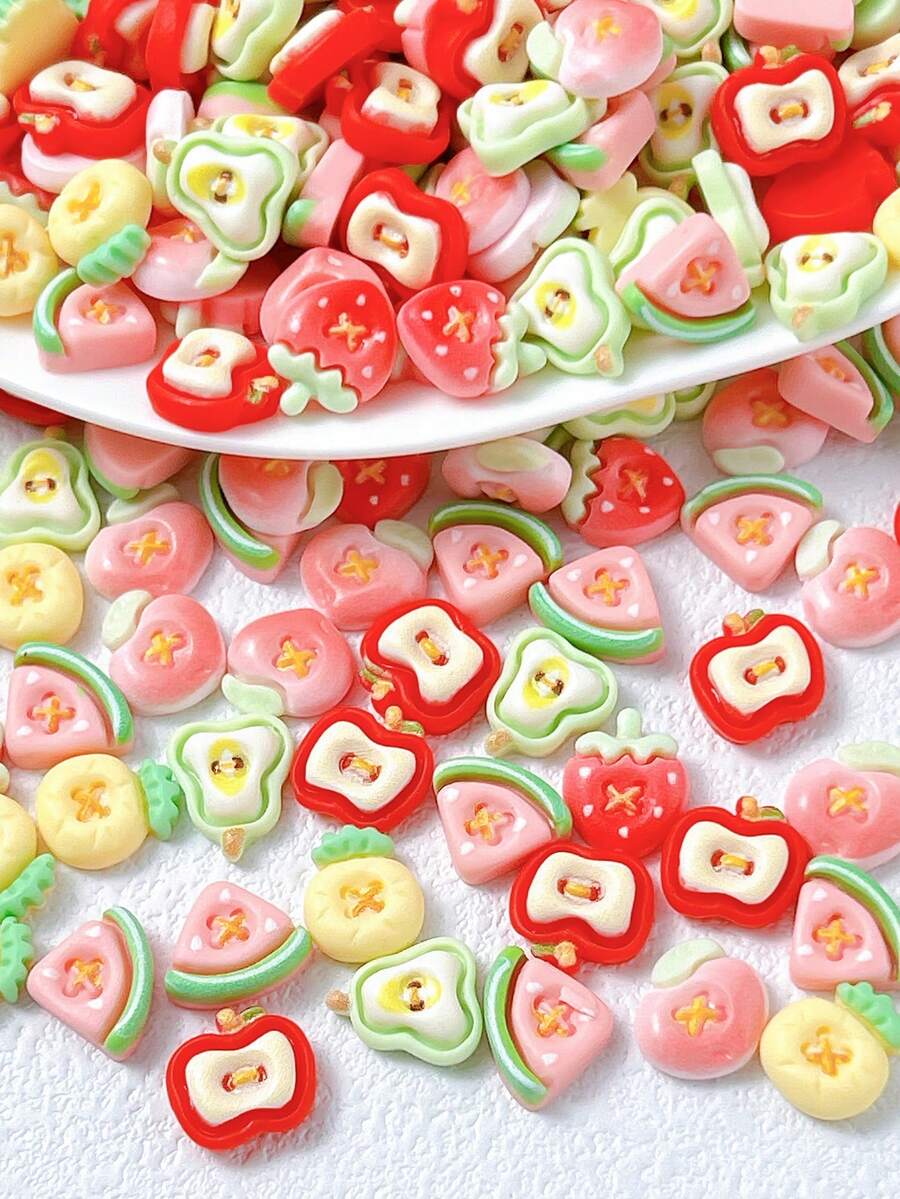 20Pcs Random Mixed Cartoon Nail Charms 3D Cute Resin Imitation Fruits: Pear, Peach, Strawberry, Apple, Pineapple, Watermelon Suitable For Summer Nail Art Accessories DIY - Multicolor - View 1
