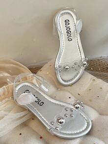 1 Pair 2026 Kids White Crochet Ankle Strap Flat Sandals, Suitable For Summer Vacation Party - Clear - View 6
