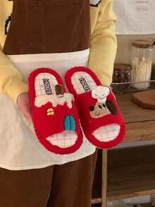 XIXITIAO Cute Color-Block Chef Puppy Plush Soft-Soled Home Slippers, Comfortable Slippers With Color-Block Checkered Polka-Dot Sole, Ideal For Home & Parties - Red - View 12