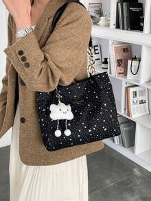 1pc Cloud Decor Star Pattern Polyester Large Capacity Zipper Shoulder Bag, Fashionable For Women Daily Use - Black - View 6